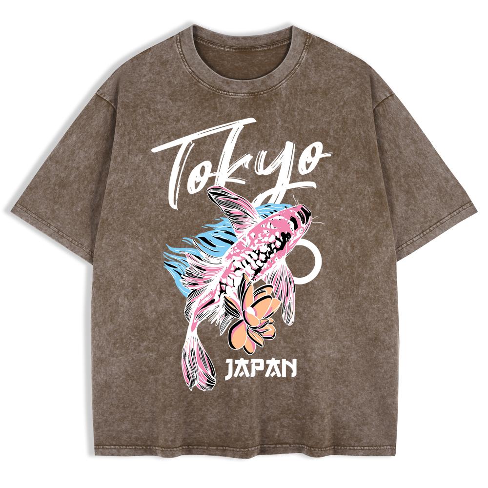 Japanese Koi Harajuku Printing Washed T-Shirts Mens Cotton Oversize T Shirt Summer O-Neck Short Sleeve Men'S Clothes