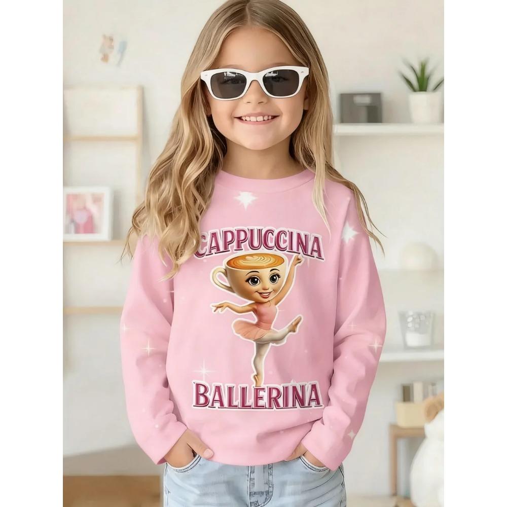 Spring and Autumn Round Neck 3D Cappuccina Ballerina Printed Top Fashionable Casual Long Sleeved Children's Girl T-shirts