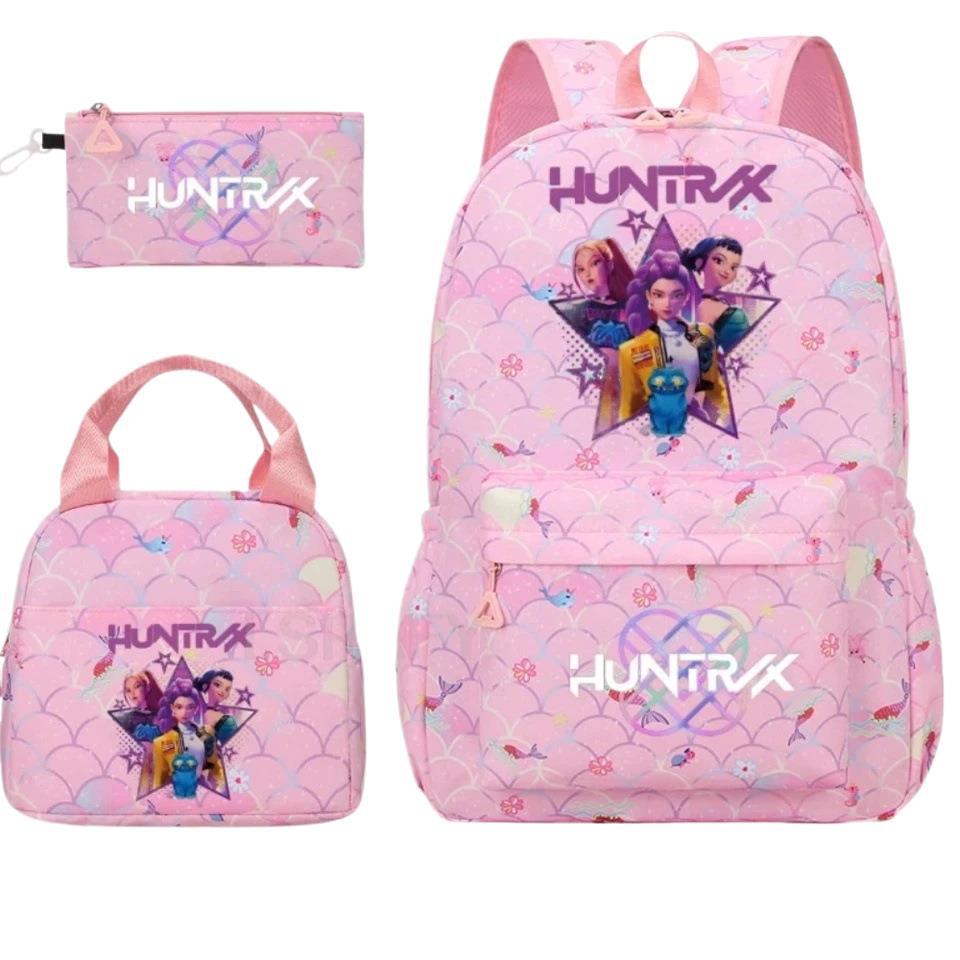 KPOP Nylon 3 Piece Set School Backpack for Students with Cartoon Print Air Cushion Design