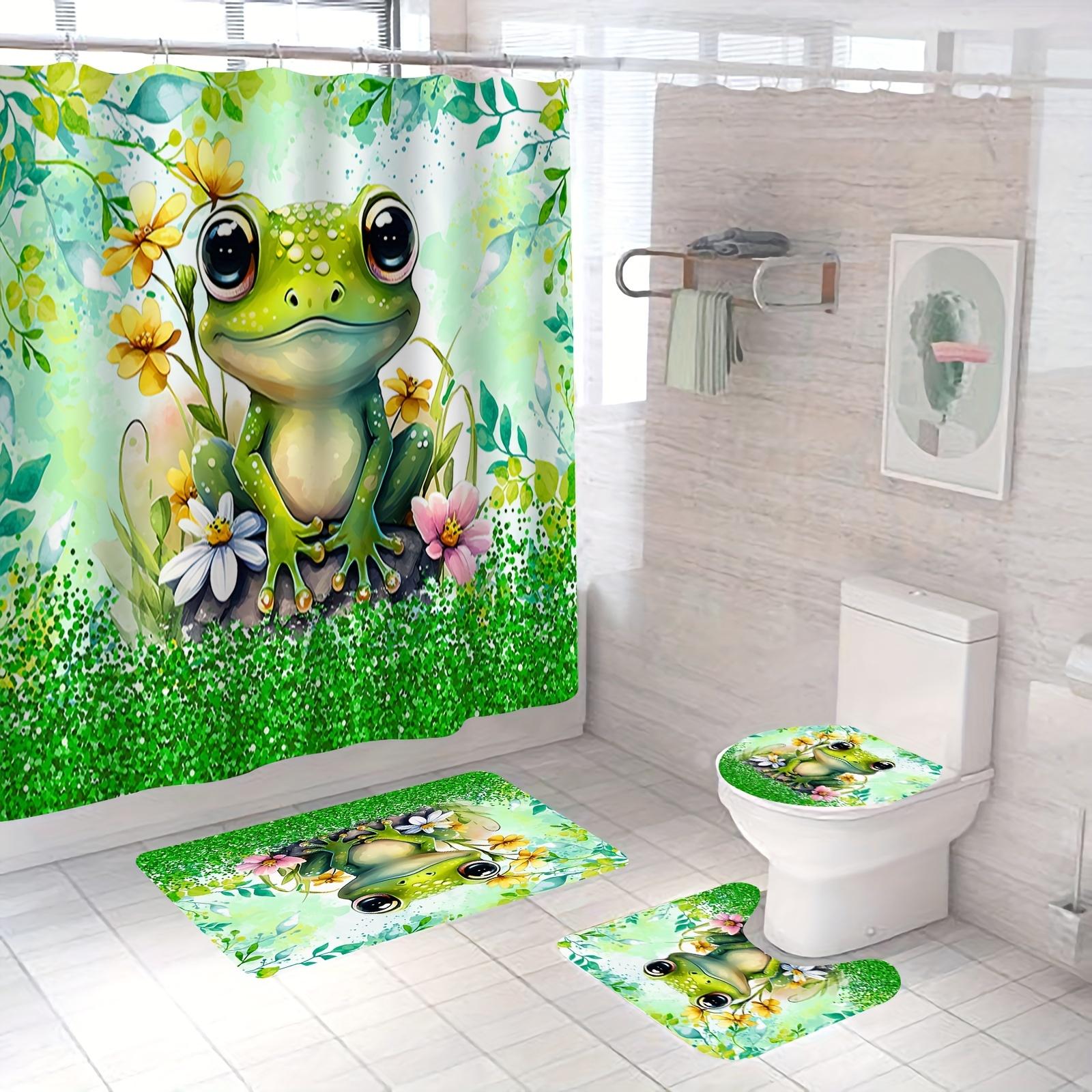 Dunika Chen Charming Frog In Enchanted Garden Bathroom Set - Waterproof Shower Curtain, Toilet Lid Cover, Bath Mat, And Contour Mat