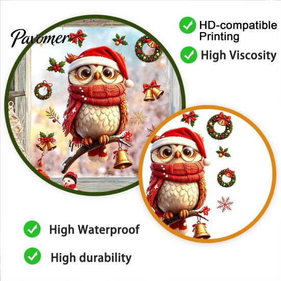 Reusable Christmas Decor Cute Owl Static Window Clings, Santa Hat Scarf Wreath Bell Snowflake Festive Holiday Home Decals, No-Adhesive Glass Stickers