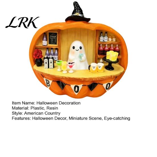 Miniature Ghost Bartender Figurine Pumpkin Figurine, Halloween Mini Bar Scene Coffee Atmosphere Light Decoration for Living Room, Entryway,