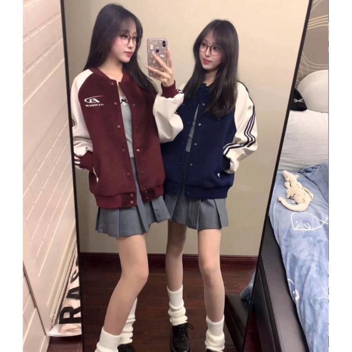 2025 Unisex Retro Striped Patchwork Baseball Jacket M бордовый