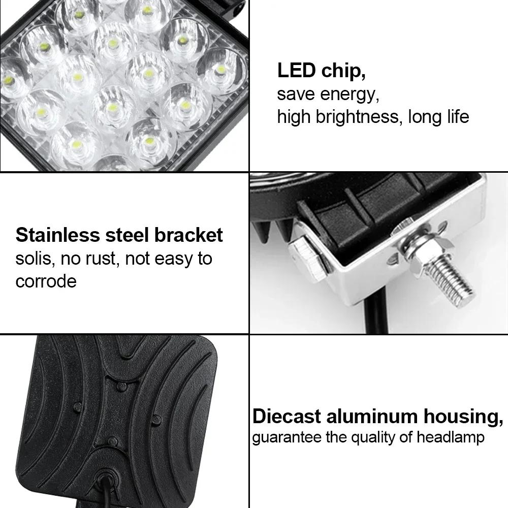 12V-24V Waterproof Led Work Light Bar Square Spotlight 48W Work Light Headlight For Truck Off Road Night Driving Light For SUV