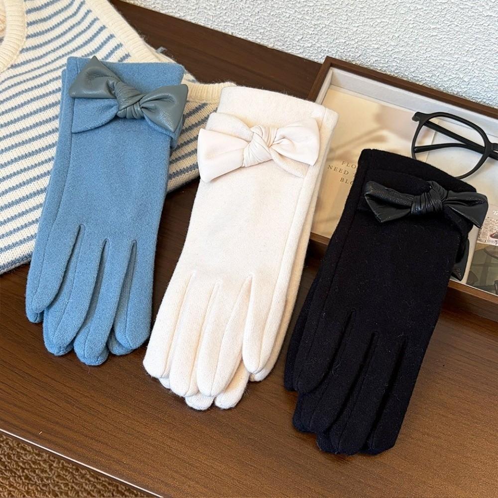 Bow Decor Winter Warm Gloves Polyester Fleece Lined Cycling Gloves Cold Weather