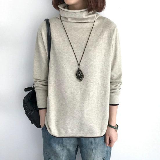 Top pentru femei, cu guler elegant, tricouri de culoare solidă, pulover, confortabil, cu mânecă lungă, pentru toamna iarnă