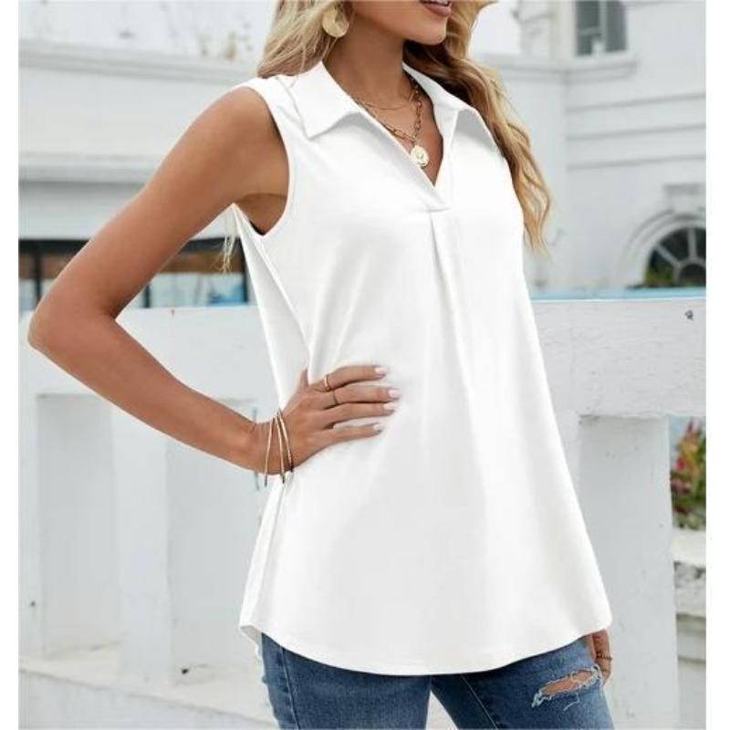 YYFS Women's Fashion Casual Summer Spring Solid Color Print Sleeveless POLO Neck Blouses & Shirts
