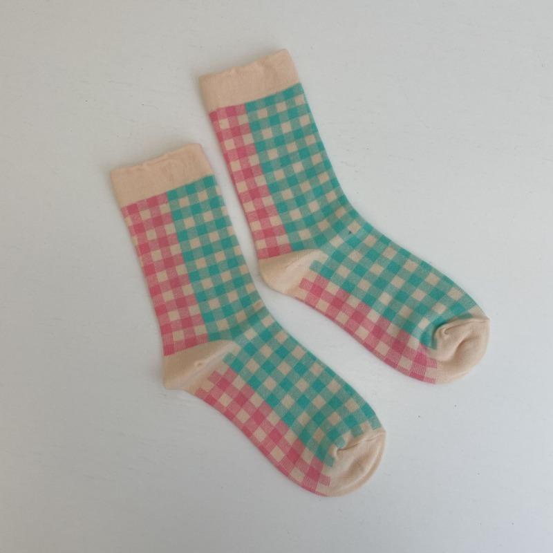 Women's Autumn Vintage Fashion Collage Color Check Grain Tube Stack Socks