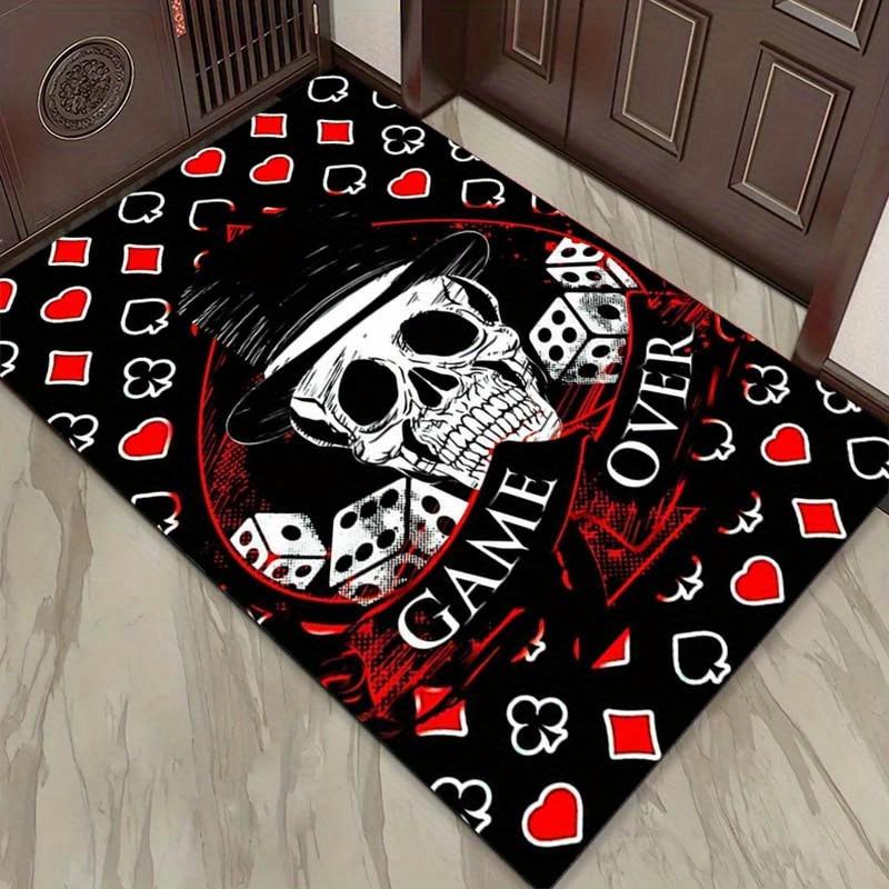 Skull Poker Game Over Rug for Game Room Dark Theme Design Floor Mat Anti Slip Carpet Can Be Machine Washed