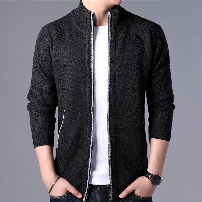 Men's Korean Style Loose Plus Size Fleece-Lined Cardigan Sweater - Solid Color, Autumn/Winter
