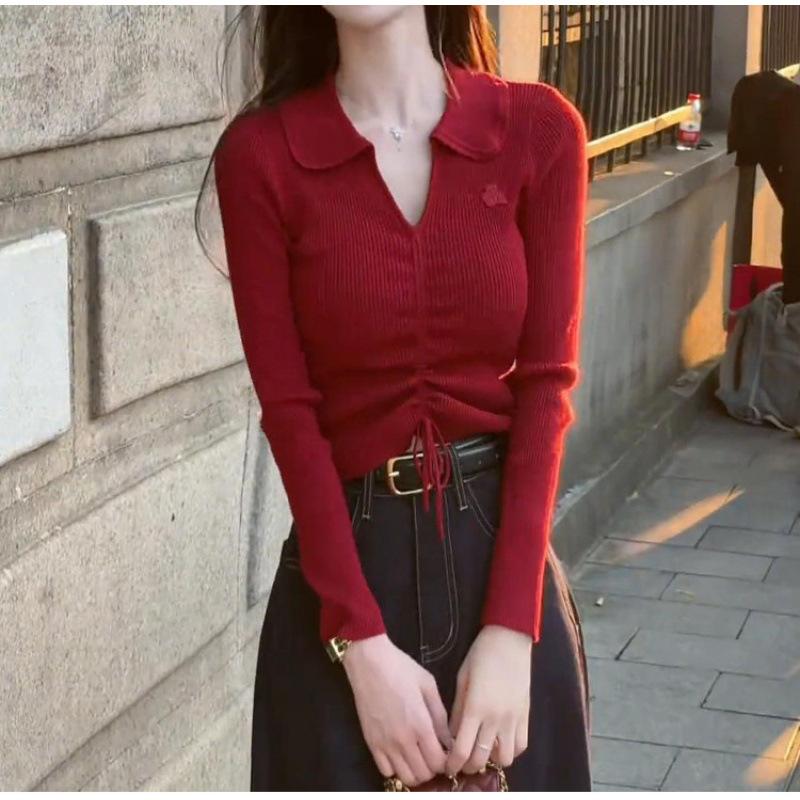 

Красный вязаный свитер женский новый осенний тонкий облегающий красивый топ, свитер с длинными рукавами на кулиске one size fits all красный