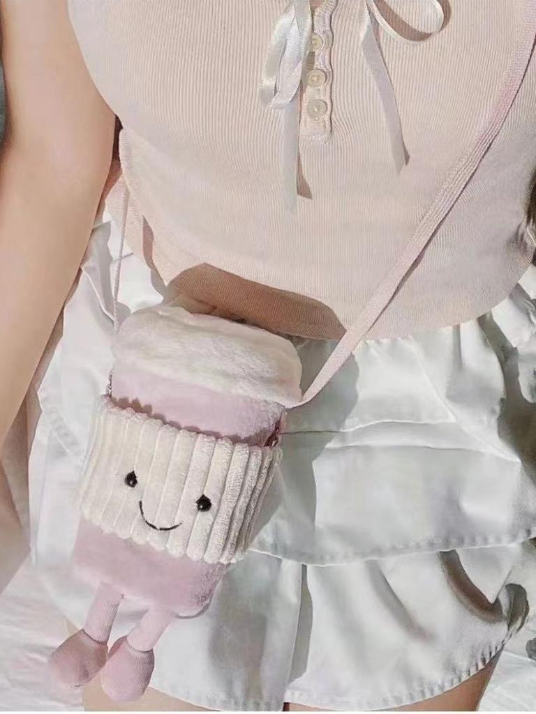 British Coffee, Milk Tea Bag, Messenger Women'S Bag, Plush Bag, Accompanying Toy Cup Cover Bag.