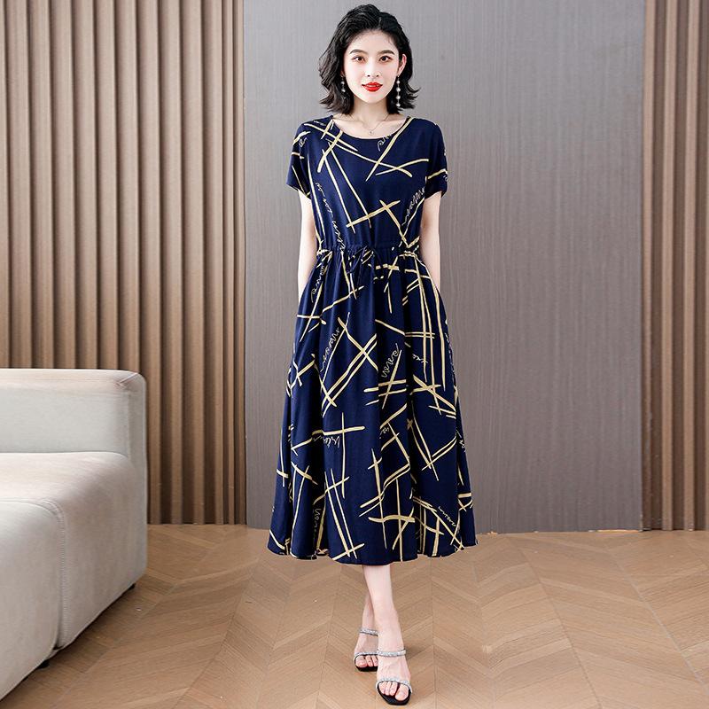 Women's Short Sleeve Midi Dress Round Neck Mid Rise Casual Floral Print A-Line Dress