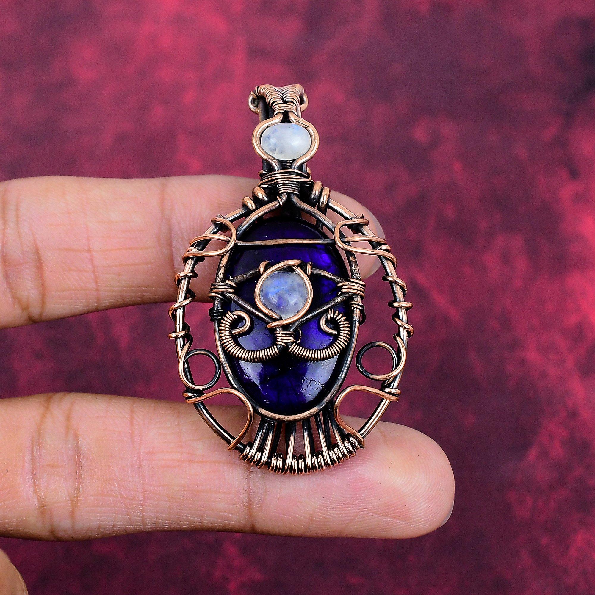 Evil Eye Purple Fire Labradorite Pendant Copper Wire Wrapped Moonstone Jewelry