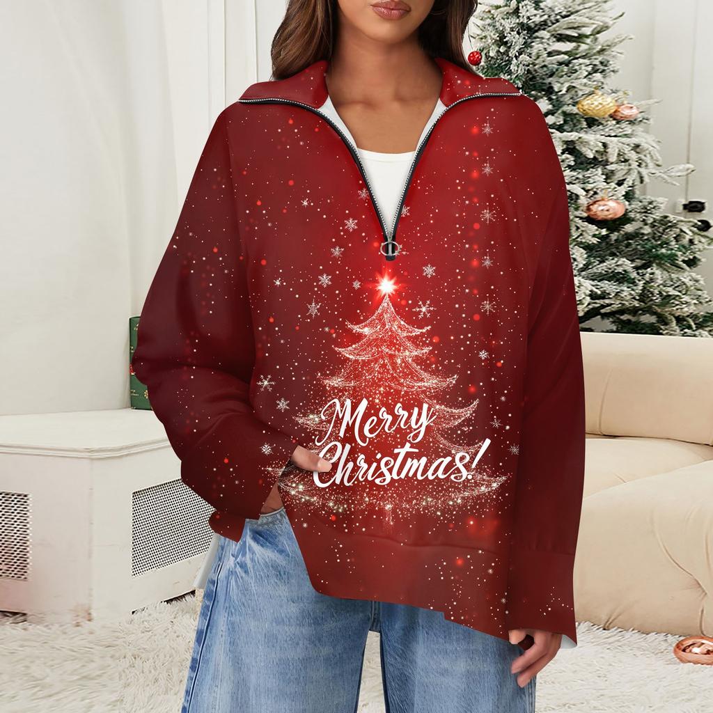 Women's Casual Half Zipper Lapel Snowflake Print Pullover Top Side Slit Fashion Clothing