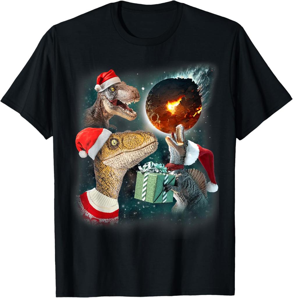 Funny Dinosaur Meteor Christmas Meme T-Shirt Three Rex Howling Graphic Cotton Tee