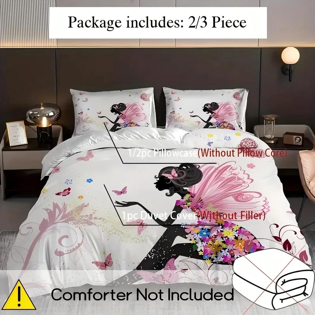 Schmetterlingsfee 3D-gedrucktes Bettwäscheset - Elegante weiche Bettbezug mit Kissenbezügen Niedliche Heimtextilien Schlichtes Steppdeckenbezug-Design