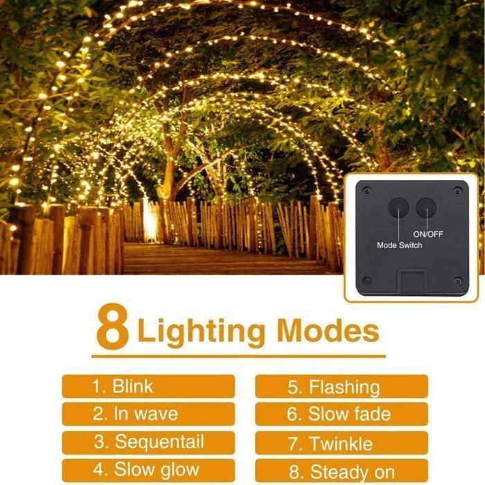 Guirlande lumineuse solaire étanche - AIMOONSA - 20 m - 200 LED - Blanc chaud - Batterie intégrée 1200 mAh