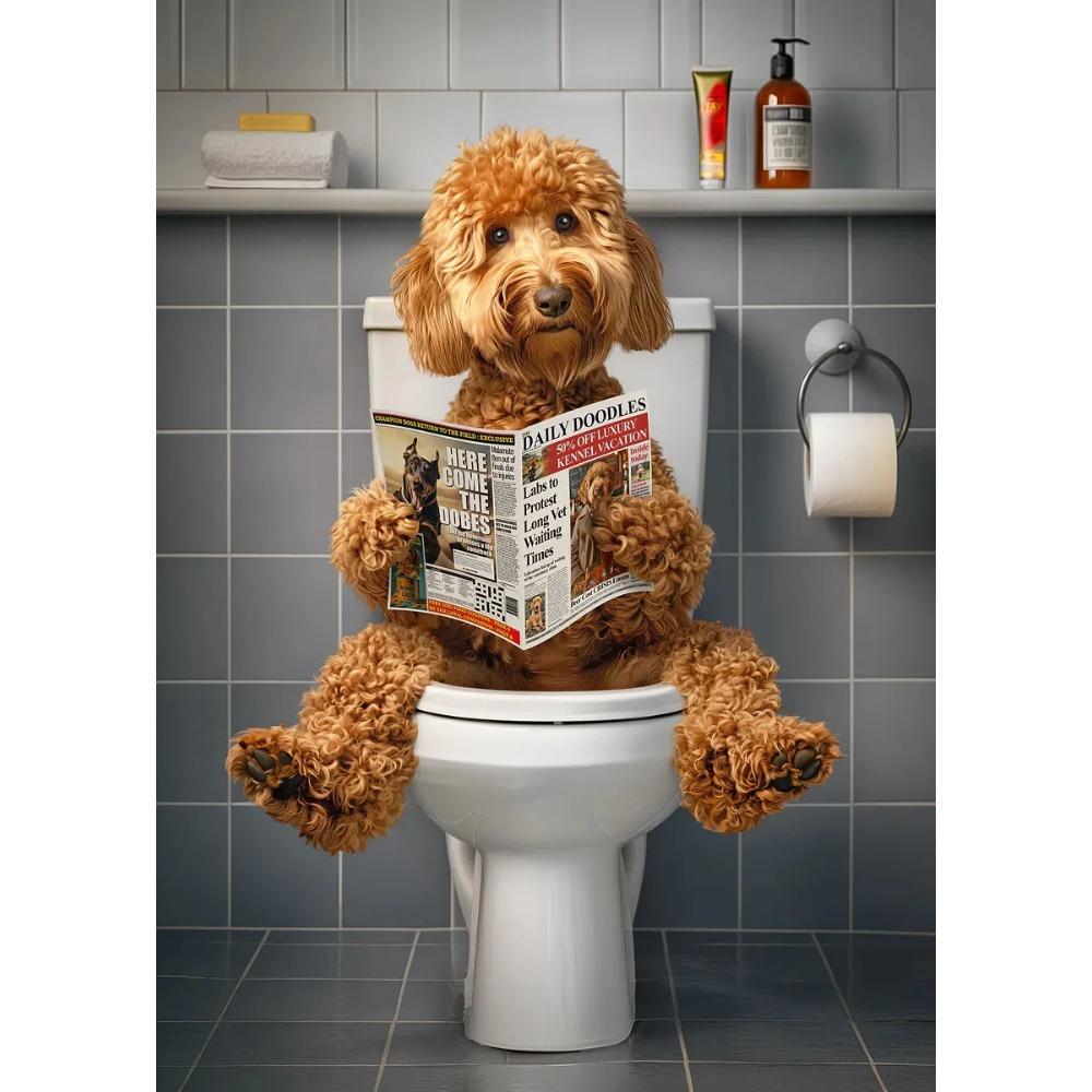 Funny Bathroom Poster Dog Reading Newspaper On Toilet Prints Pet Owner Gift Canvas Painting Wall Art Picture Home Bathroom Decor