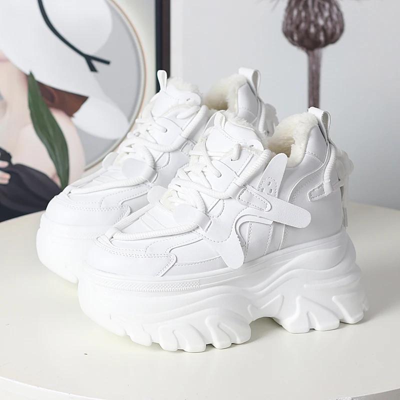 Fashion 12CM Genuine Leather Casual Chunky Sneakers Plush Wedge Platform Wedge Winter Fashion Autumn Spring Women Shoes Vulcanize