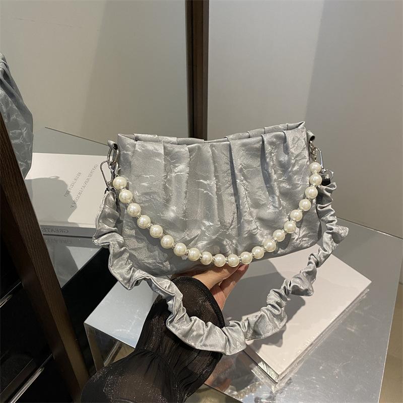 New French Niche Design Beaded Chain Handbag Bag 2025 Pleated Underarm Bag Versatile Shoulder Messenger Bag