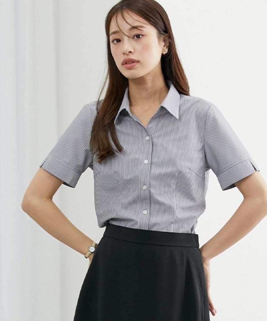 Shirts and Blouses for Striped Shirt Buttons To Prevent Sax [Nissen] Women, Cut-and-sew Short-sleeved (with Peeks) (sweat-absorbing, Quick-drying,