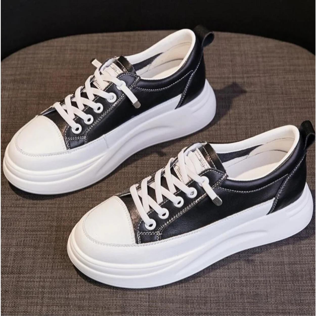 

enuine Leather Women Version Small White Shoes Spring Summer Sponge Cake Thick Soled Casual Shoes Lace Up Sports Shoes 40 чорний