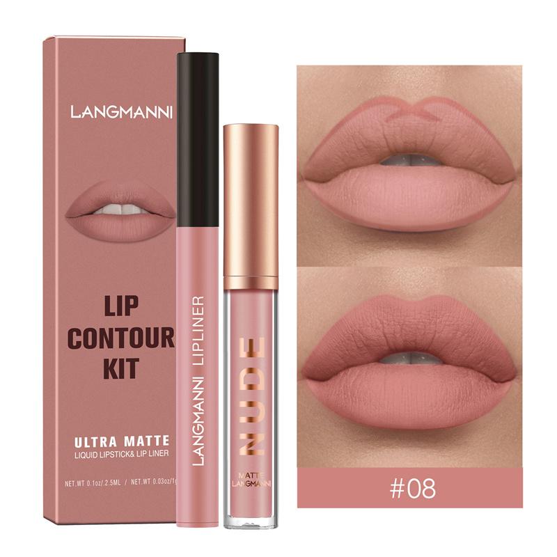 2-teilige Kombination aus Lippenkonturenstift und Lipgloss, wasserfest, langanhaltend, samtig, nackt, sexy, nicht klebender, matter Lippenstift, Lippenkonturenstift