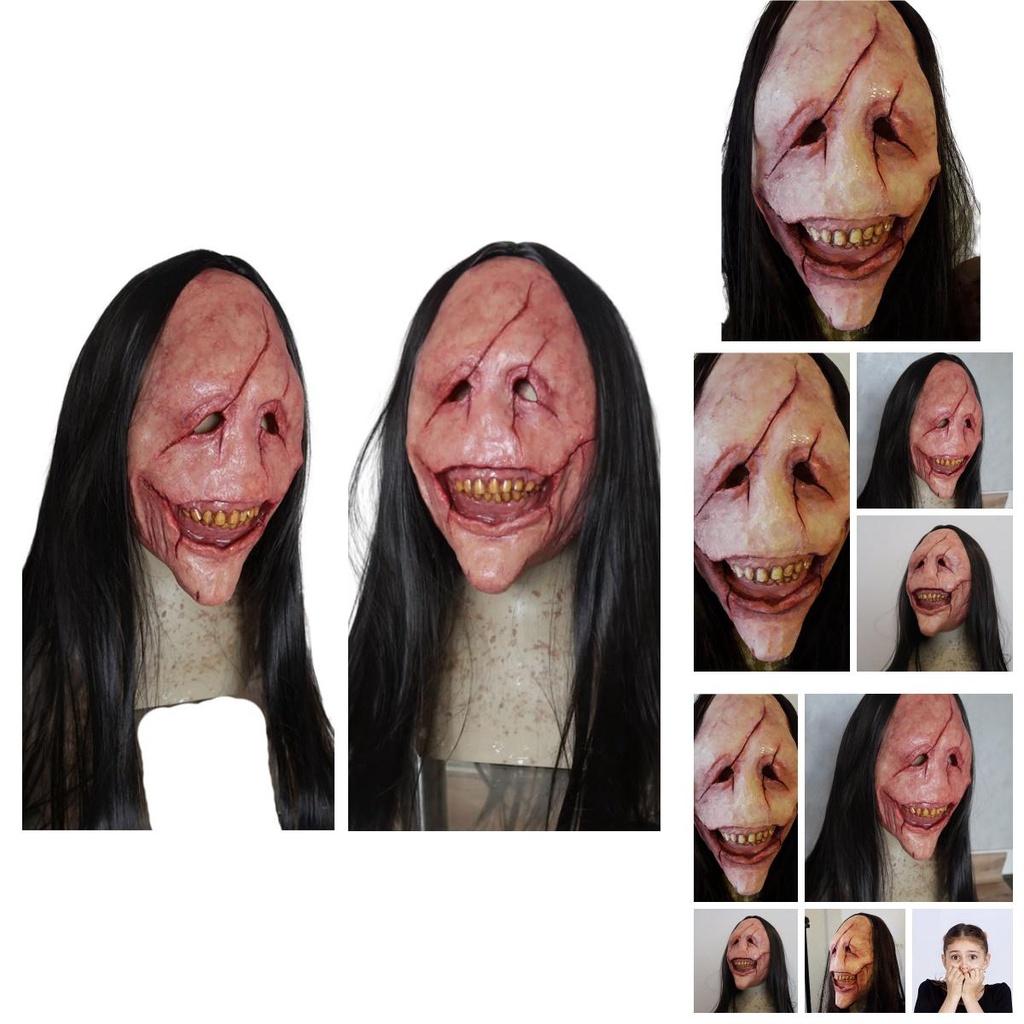 Halloween Horror Demon Mask With Long Hair Red-faced Devil Mask With Exposed Teeth