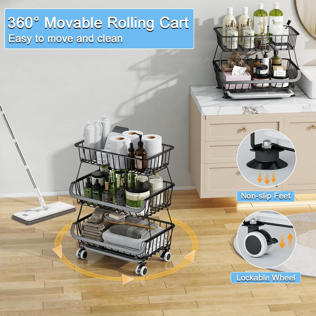 3Tier Rolling Pantry Floor Organizer,Stackable Pantry Storage Cart with Wheels, Metal Wire Pantry Baskets, Kitchen Fruit Basket Stand, Vegetable