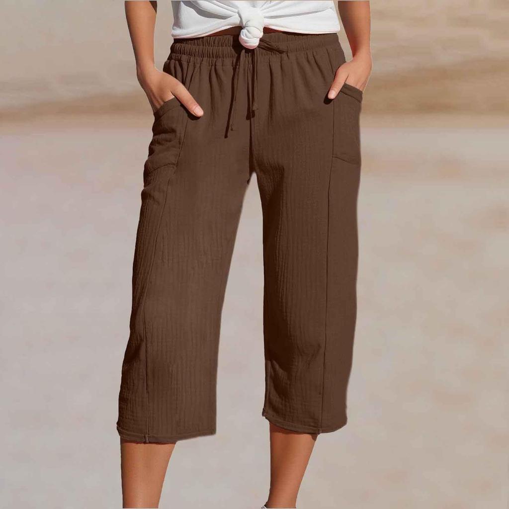 Women's Summer 3/4 Trousers  Summer Trousers With Pockets Causal Loose Trousers Fabric Trousers Sport Leisure Beach Trousers