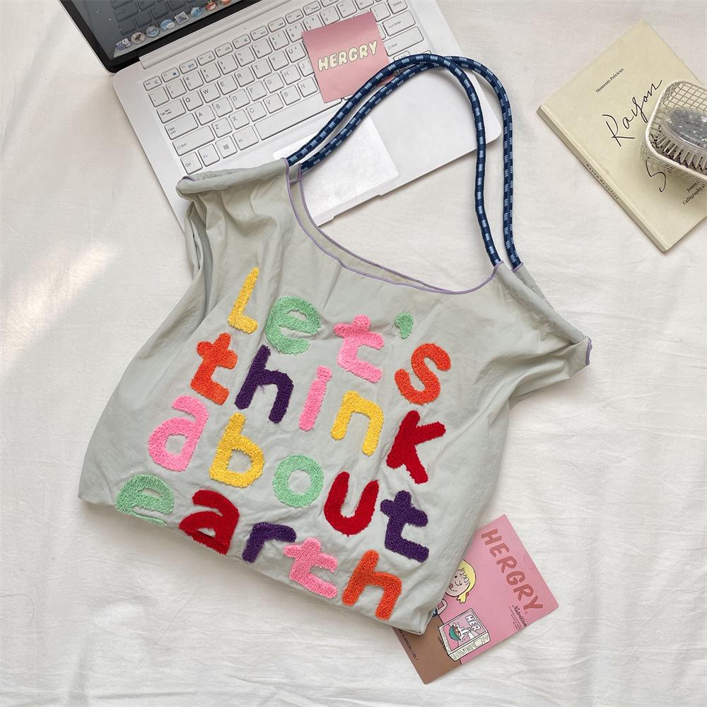 

Канвасная сумка-тоут большого объема с вышивкой в корейском стиле - Женская однолямочная сумка для покупок светло-серый