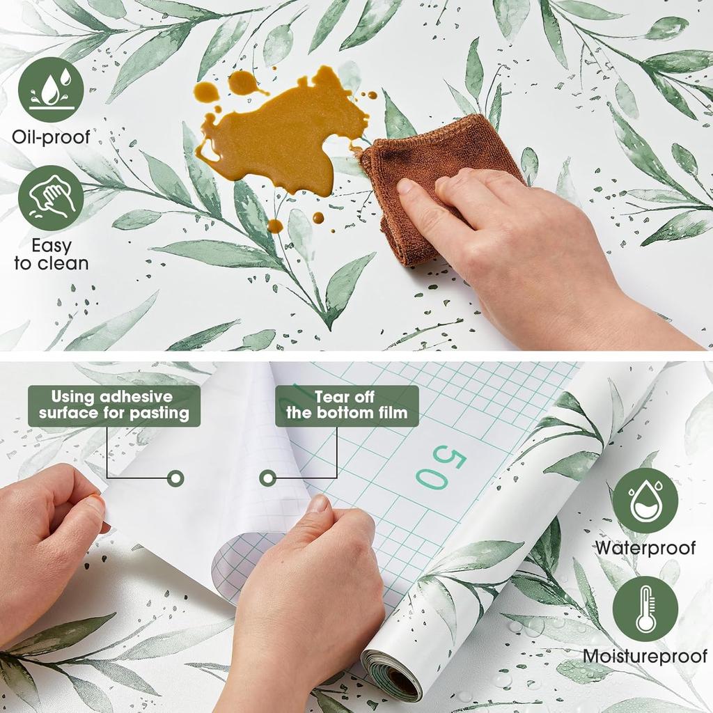 Peel and Stick Wallpaper 17.7 x590.5 Inch Olive Green Leaf WallpaperStick on Wallpaper for Bathroom Vinyl Removable Wallpaper Self Adhesive Wallpaper