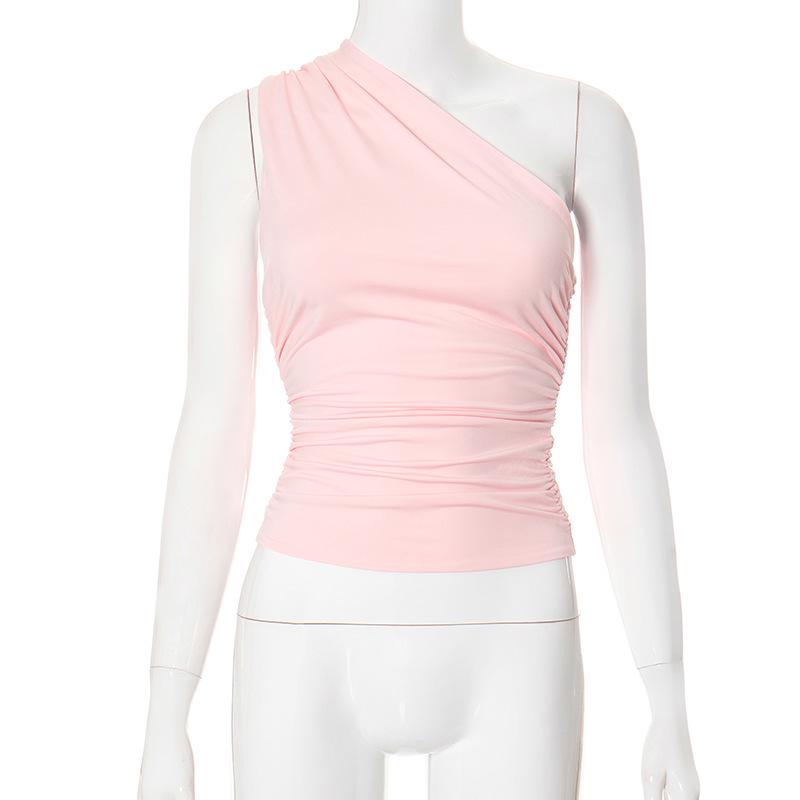 Women's Winter One-Shoulder Backless Ruched Tank Top T-Shirt: Solid Color, European & American Style