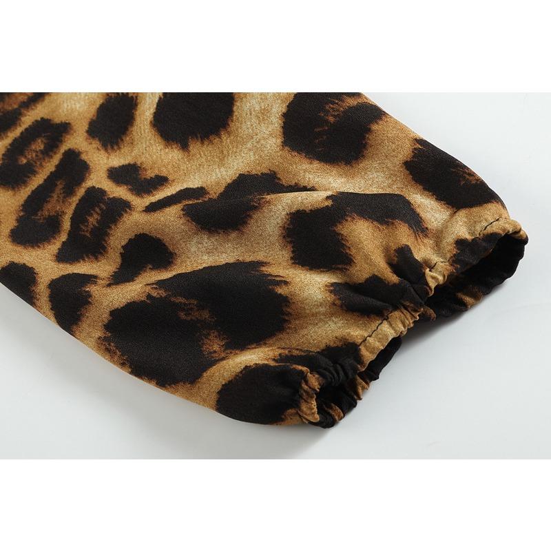 Dámské jarní a podzimní šaty s leopardím potiskem, výstřihem do V, dlouhým rukávem a zavazováním