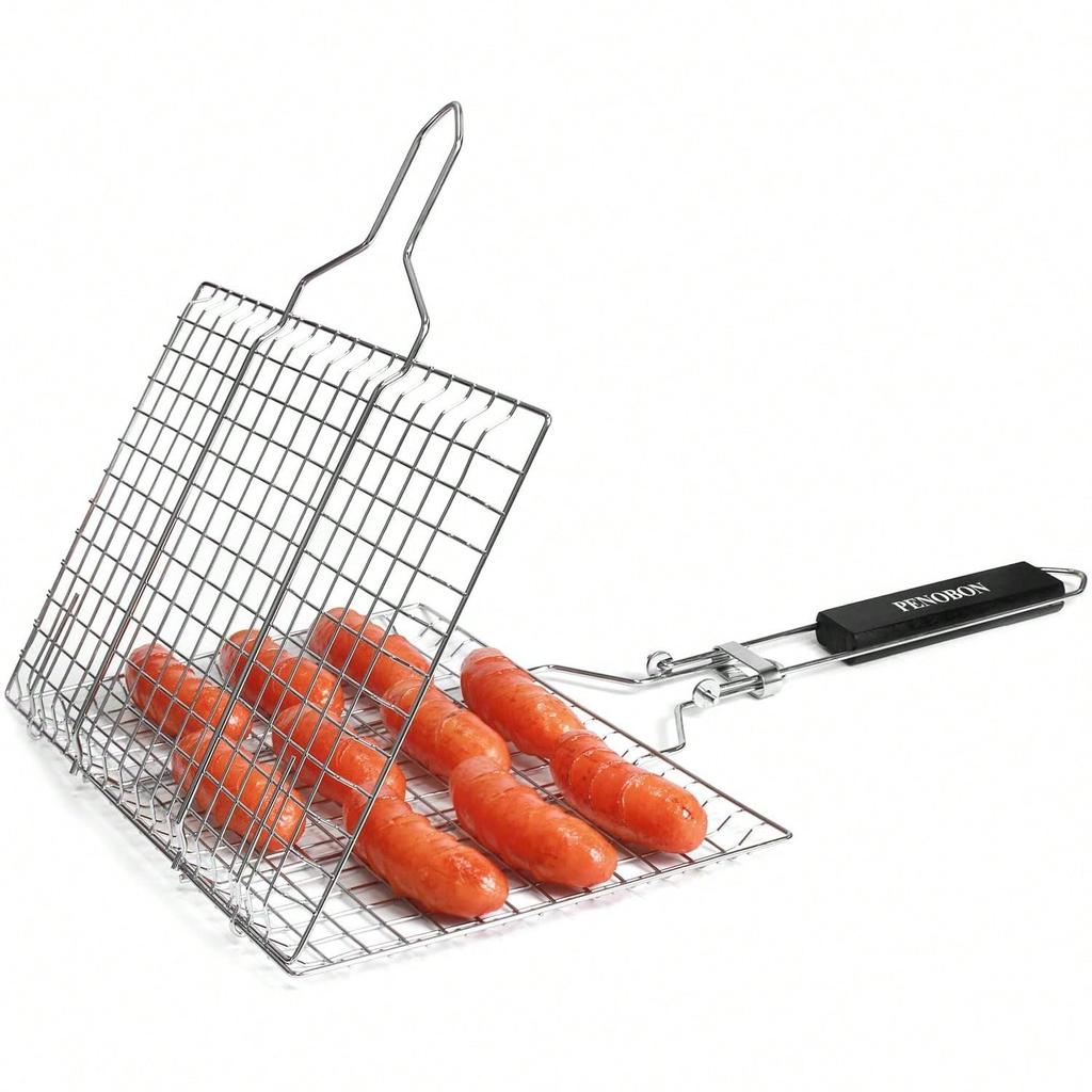 Fish Grilling Basket, Folding Portable Stainless Steel BBQ Grill Basket For Fish Vegetables Shrimp With Removable Handle, Come With Storage Bag