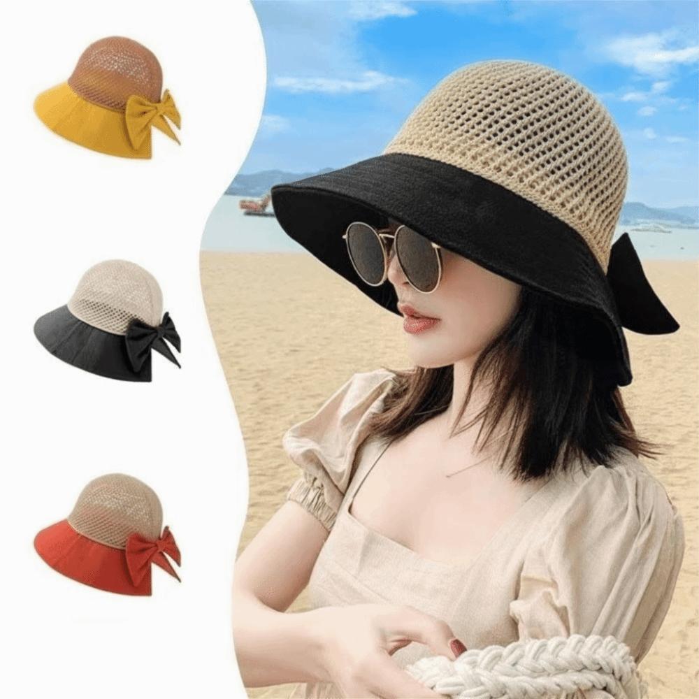 Hollow Bow Sun Hat Japanese Knitted Bucket Hat Fashion Bowtie Fisherman Hat Summer