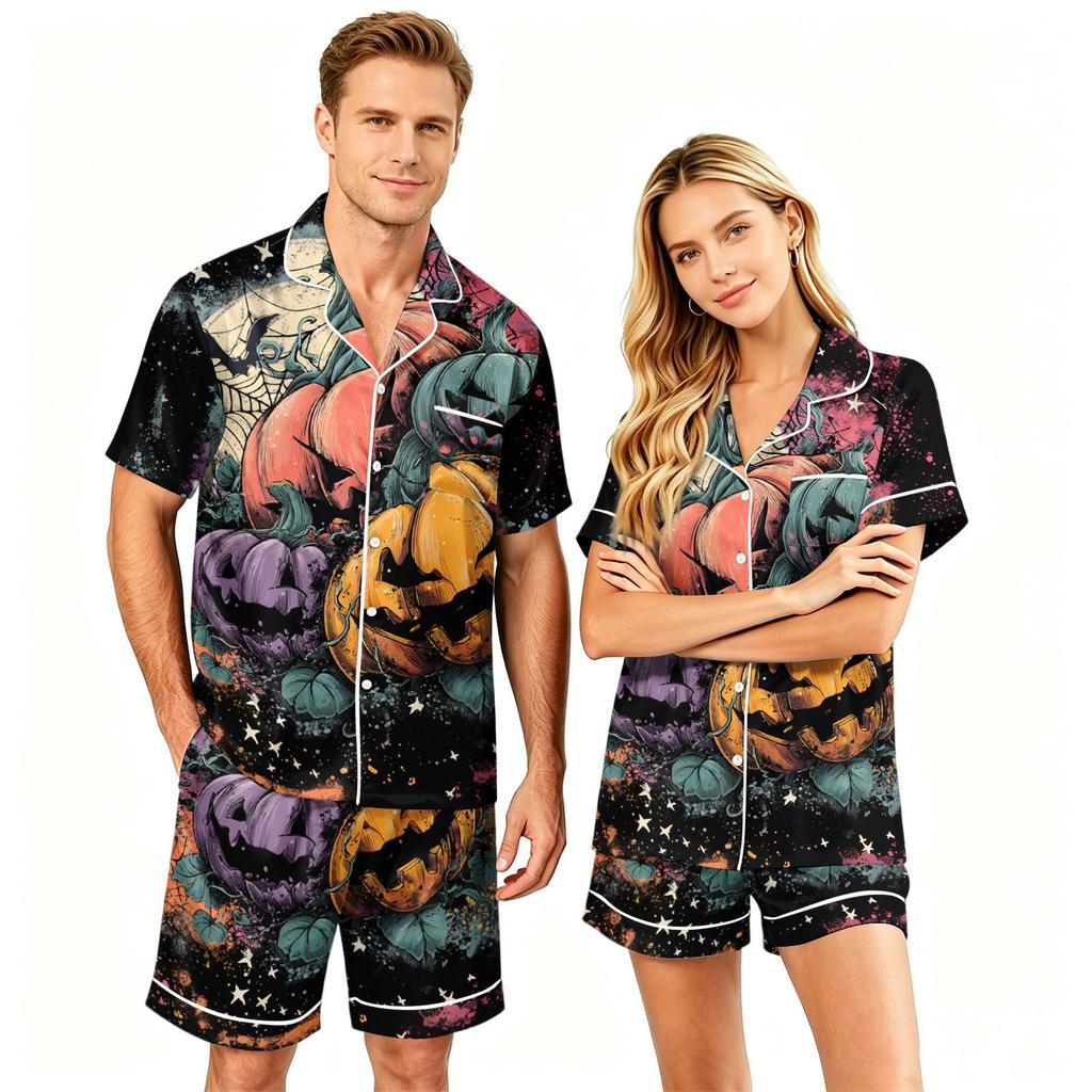 Couple Matching Halloween Pajama Set Short Sleeve Button Down Shirt with Hem and Shorts Set Soft Casual Sleepwear S To XXXXL