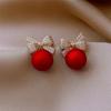 New Style Temperament Red Color Christmas Bow Stud Earrings for Women Rhinestone Bowknot Red Ball Earring Girls Party Jewelry