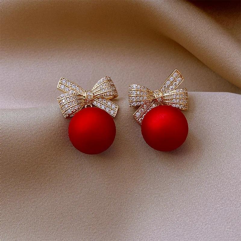 New Style Temperament Red Color Christmas Bow Stud Earrings for Women Rhinestone Bowknot Red Ball Earring Girls Party Jewelry