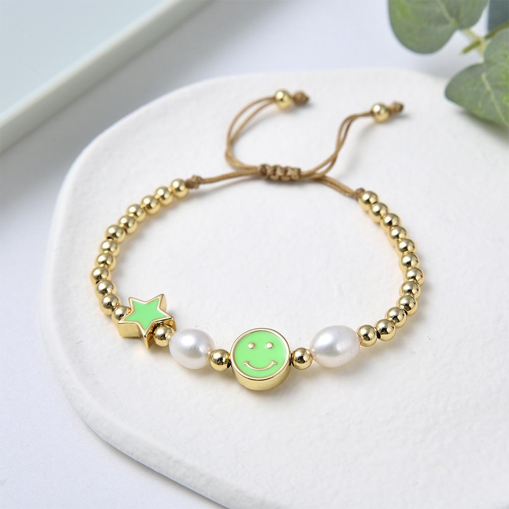 Colorful Drip Oil Smiley Star Beaded Bracelet with Natural Freshwater Pearls