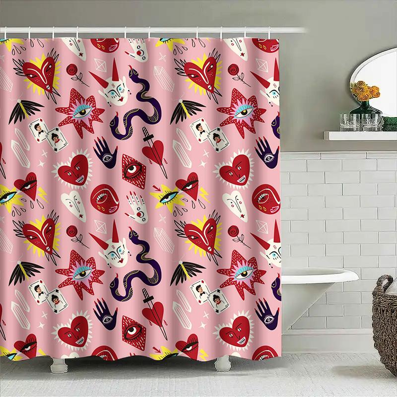 

Pink Patterned Shower Curtain With Halloween Symbols Gothic Decor Printed Fabric Waterproof Bath Rug Cover (L) 60X72In W60H190(CM)-1 Pcs