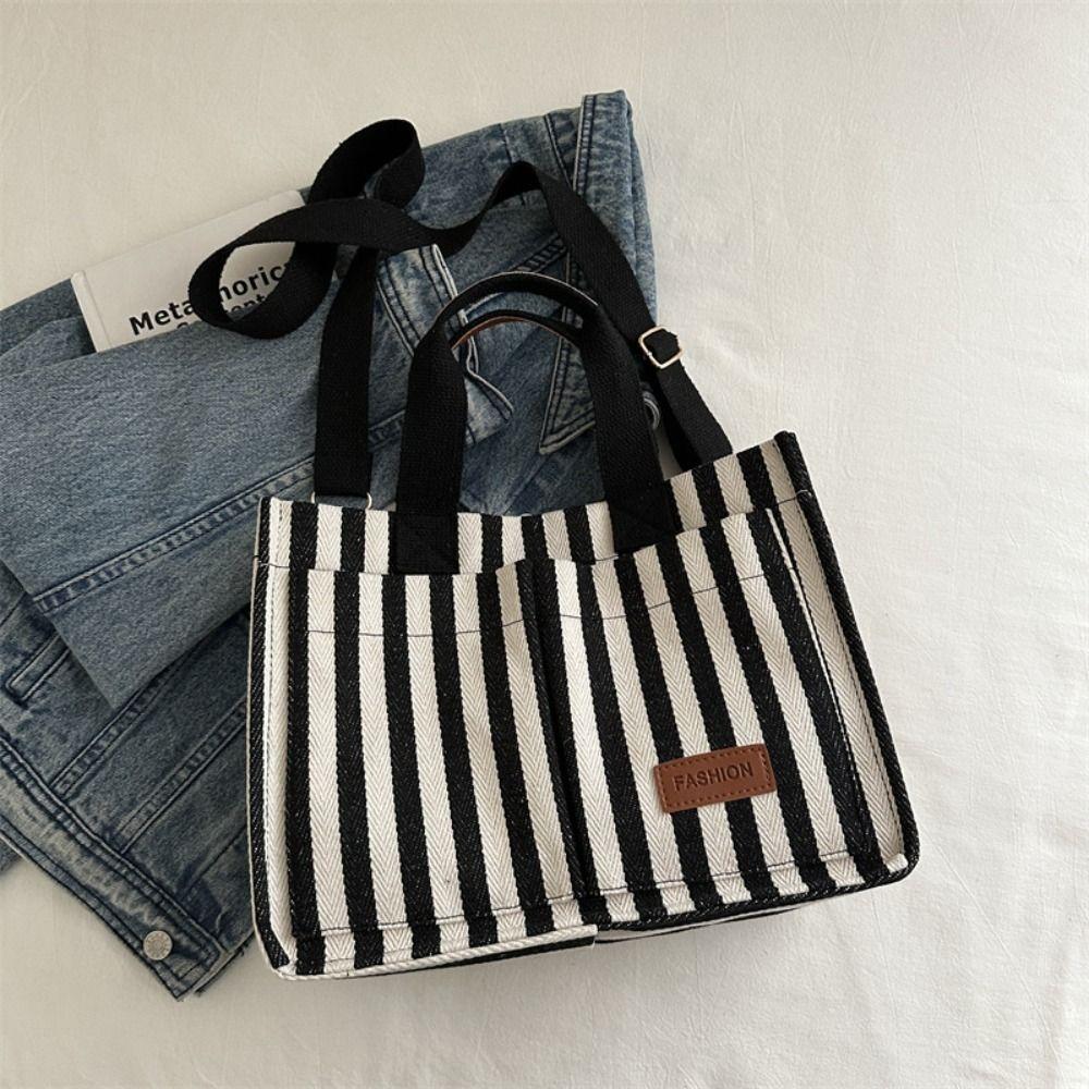 Large Capacity Shoulder Bag Simple Cloth Handbag Cute Stripe Canvas Tote Bag  Travel