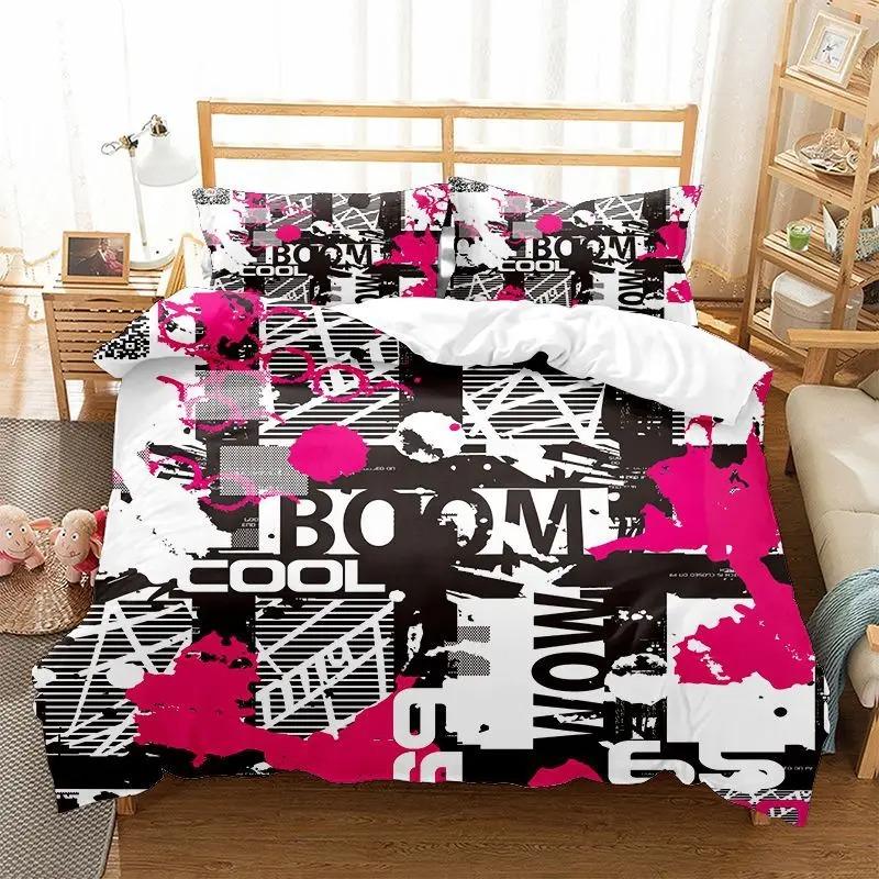 Fashion Bedding Set Cartoon Graffiti Polyester Duvet Cover Pillowcase Single King Double Full Queen Size Polyester Quilt Cover