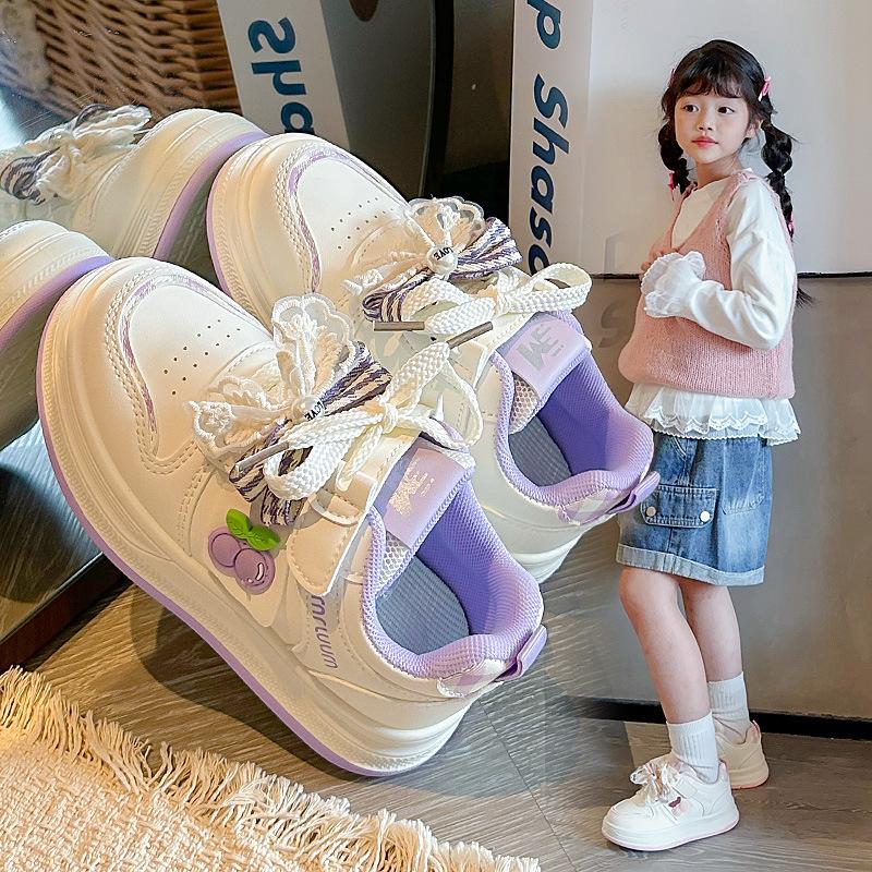 Kids Cute Cherry Decor Bow Lace Up Thick Sole Soft Velcro Casual Sneakers 26