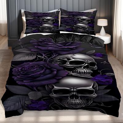 Skelett Lila Rose Meeresdruck Bettbezug Halloween Gothic Stil Bettwäscheset Polyester Weich Bequem Steppdeckenbezug Kissenbezüge