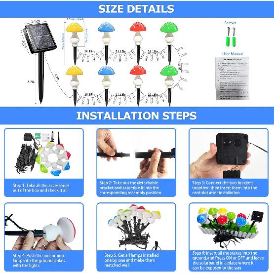 Upgraded Outdoor Solar Garden Lights, 8 Pack 50 LED Mushroom Outdoor 8 Modes 23ft Waterproof Solar Powered Landscape Cute Fairy String Light for Yard