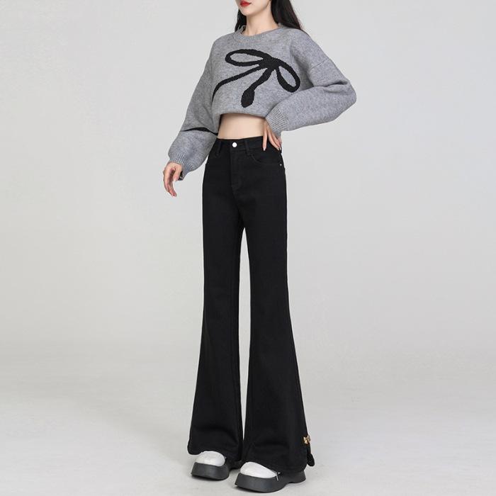 

Spring Women s Plus Size Micro-Flare Elastic Jeans - Loose Slimming Split Cropped Pants for Petite 2XL