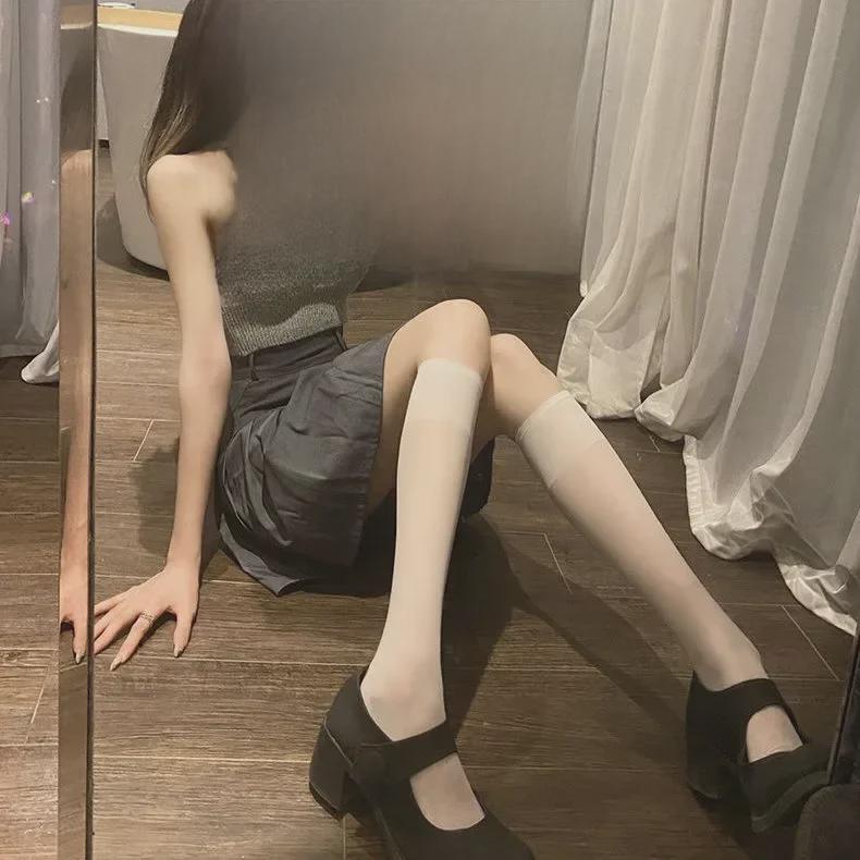 Șosete de vară ultra-subțiri, la modă JK, pentru femei, respirabile, până la genunchi, ciorapi negri