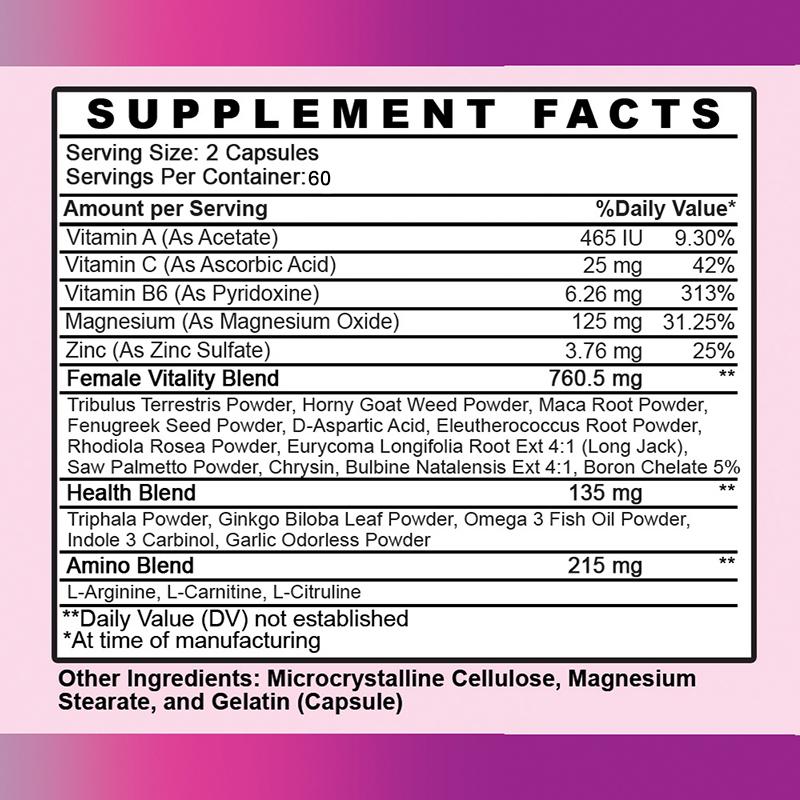 Women's Vitality Capsules, containing 120 capsules of maca thistle and other herbs to relieve stress and intimacy